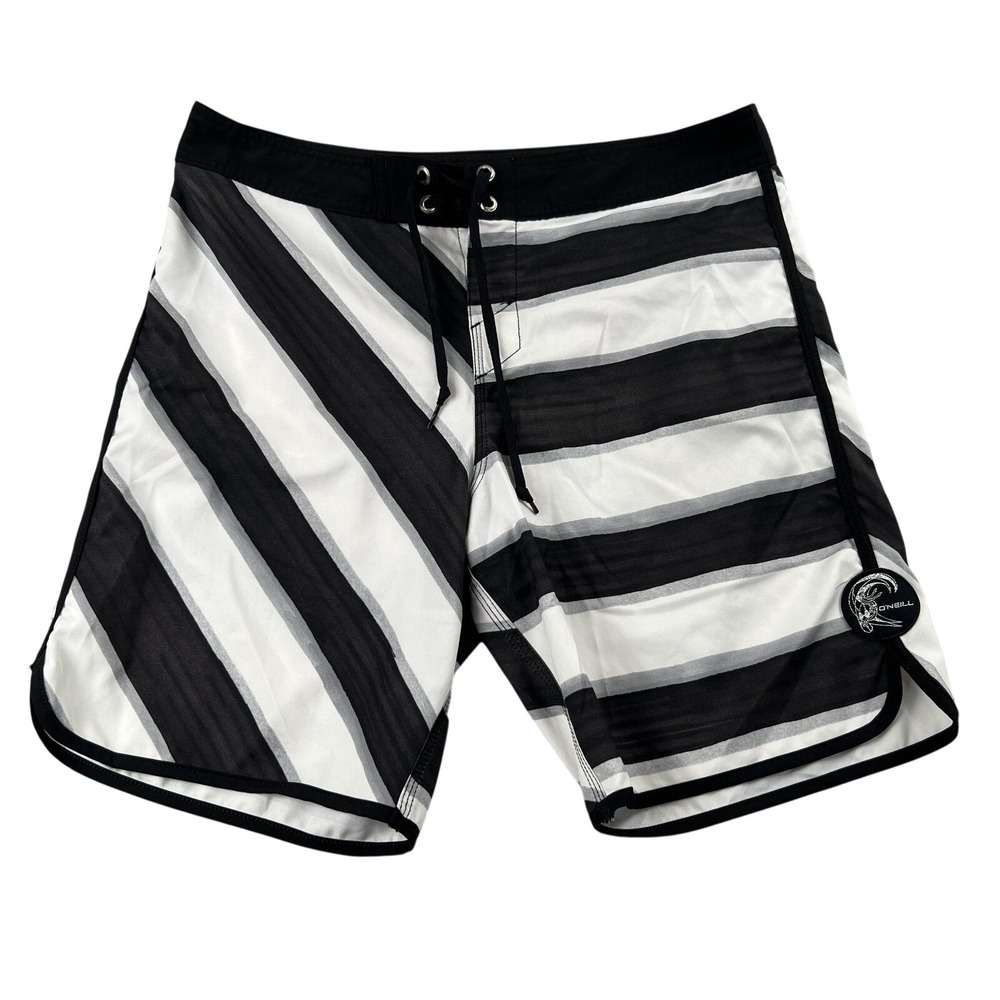 O'Neill Diagonal Striped Board Shorts 34 Black White Men Surf Beach Swim Trunks